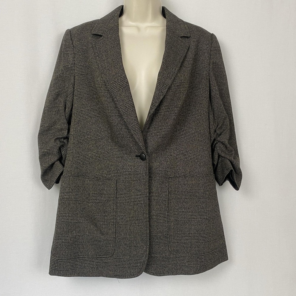 Calvin Klein Blazer Jacket Womens 8 Gray Plaid One Button Ruched 3/4 Sleeve